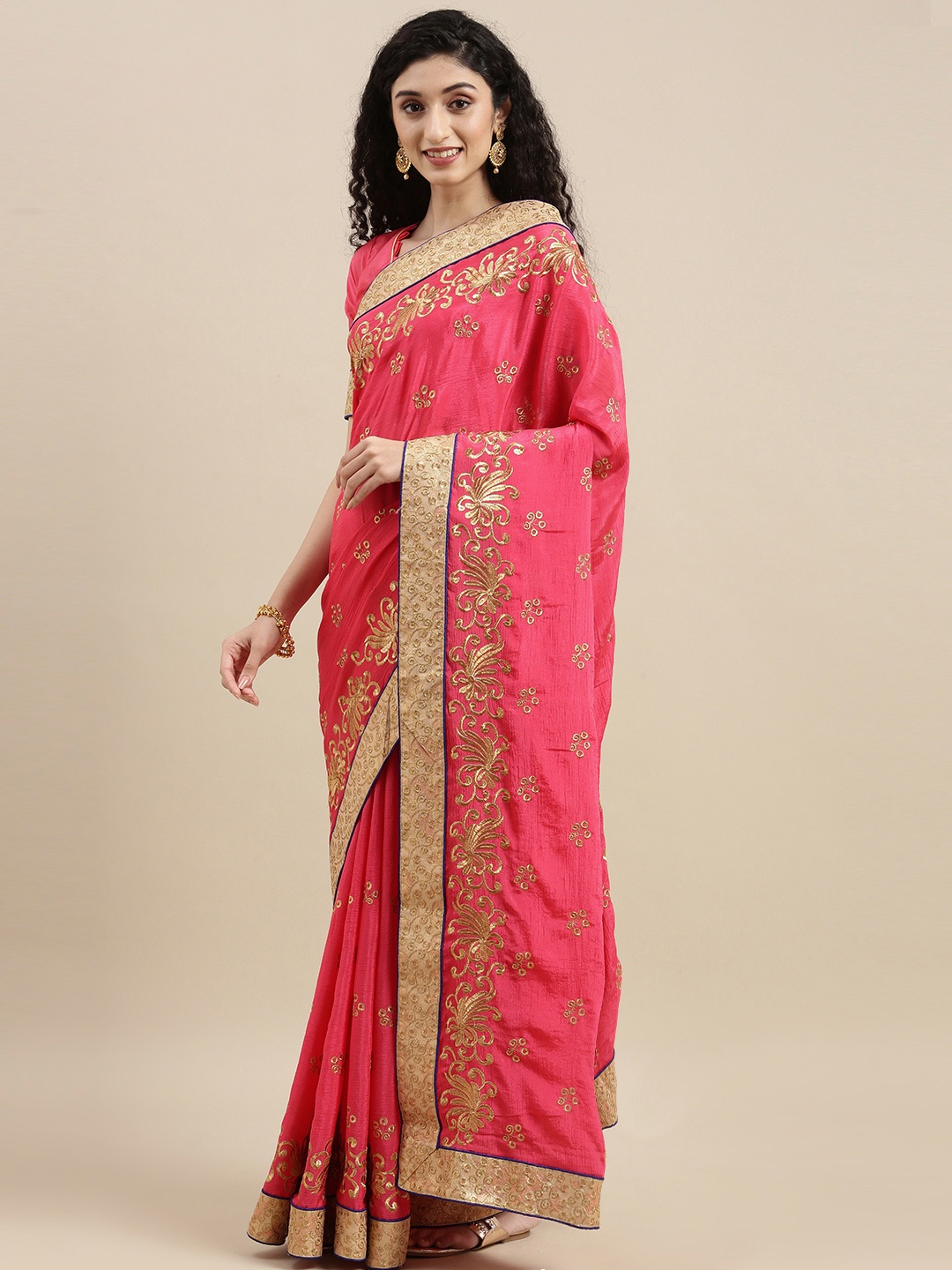 

SERONA FABRICS Pink & Gold-Toned Ethnic Motifs Zari Pure Chiffon Saree