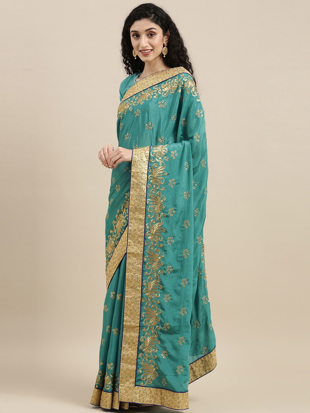 

SERONA FABRICS Turquoise Blue & Gold-Toned Ethnic Motifs Zari Pure Chiffon Saree