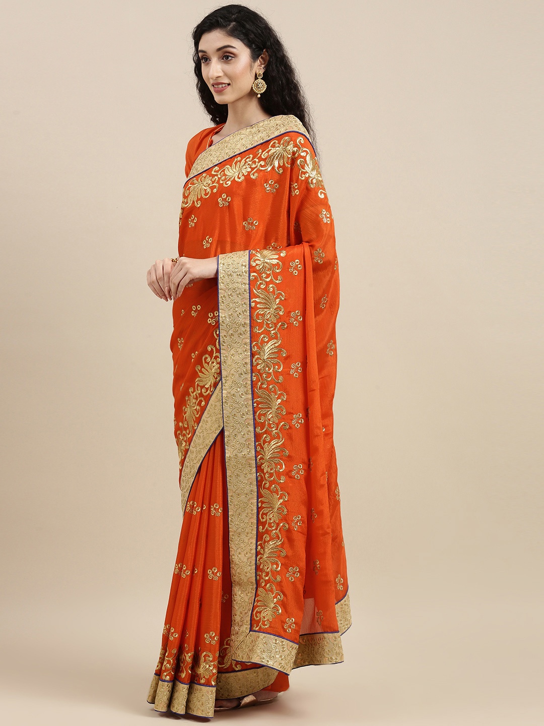 

SERONA FABRICS Orange & Gold-Toned Ethnic Motifs Zari Pure Chiffon Saree