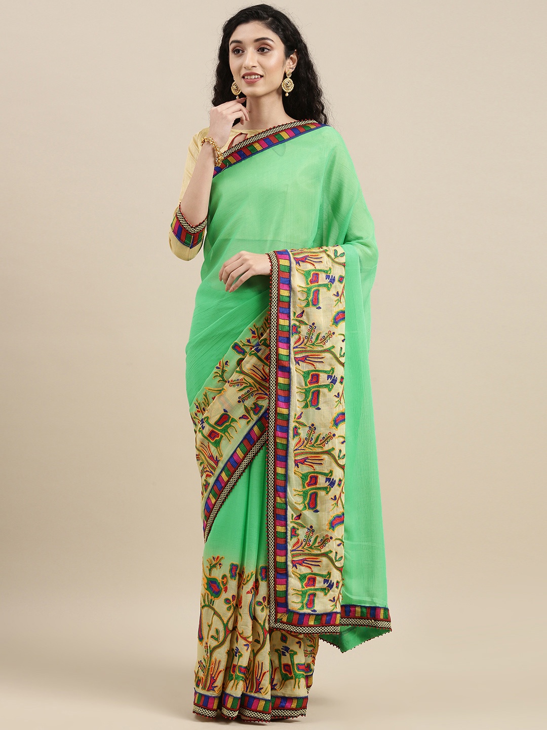 

SERONA FABRICS Green Pure Chiffon Saree