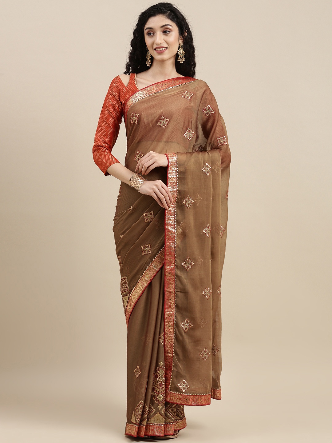 

SERONA FABRICS Beige Ethnic Motifs Pure Chiffon Saree