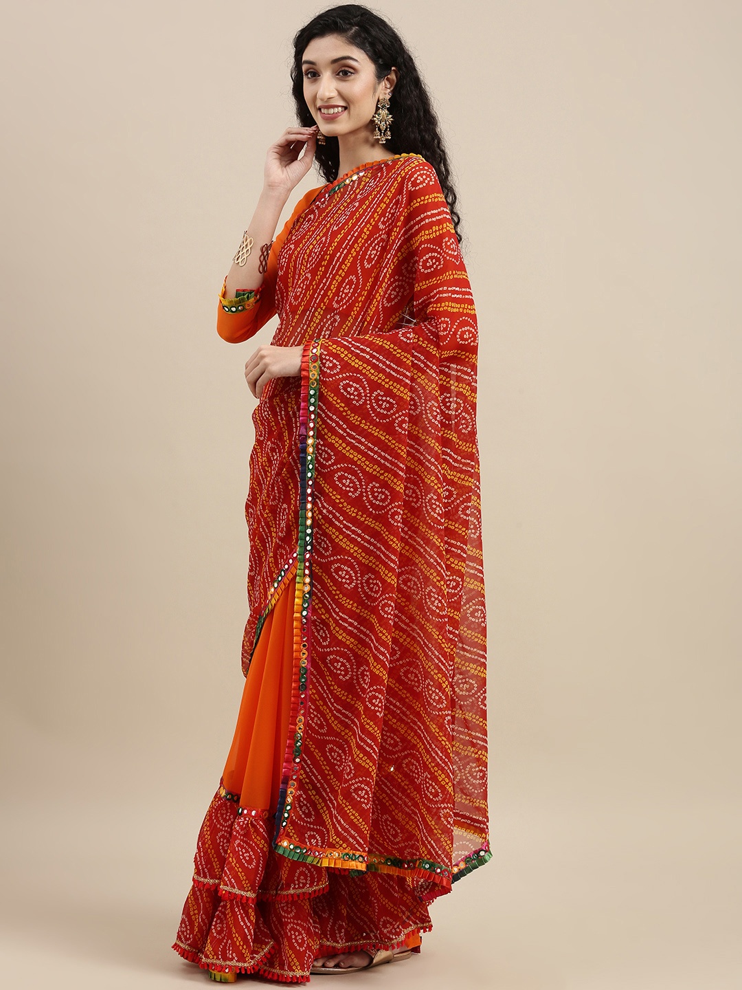 

SERONA FABRICS Orange & Red Bandhani Pure Georgette Bandhani Saree