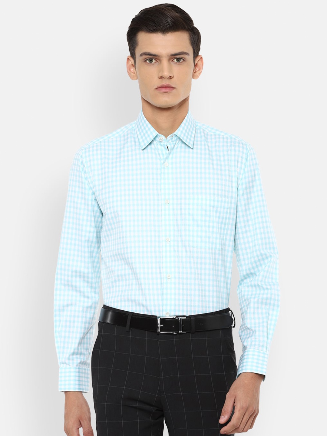 

Luxure by Louis Philippe Men Blue & White Slim Fit Opaque Checked Pure Cotton Formal Shirt