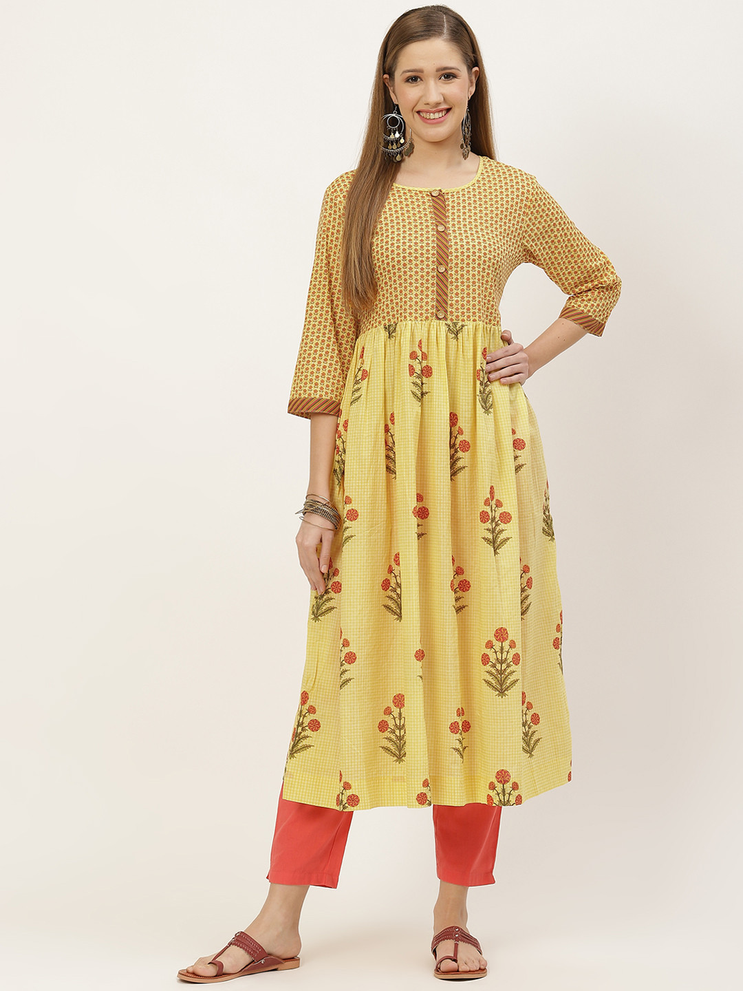 

FABRIC FITOOR Women Yellow & Red Ethnic Motifs Printed Round Neck Cotton Anarkali Kurta