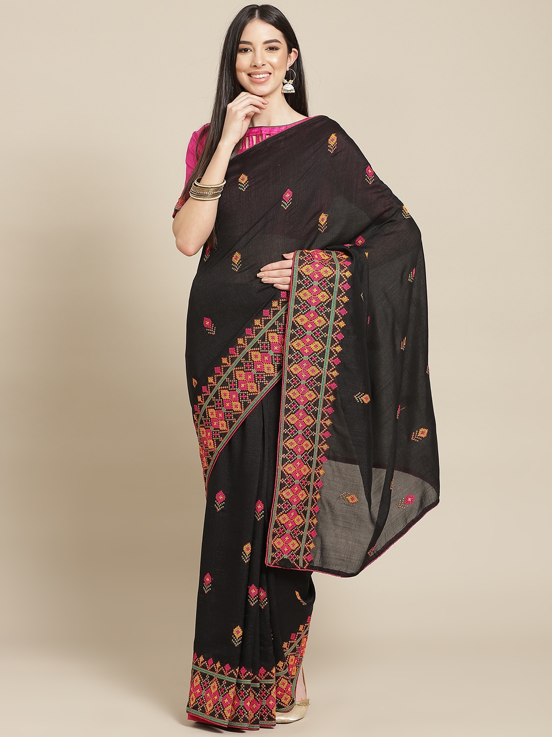 

SERONA FABRICS Black & Pink Ethnic Motifs Pure Georgette Saree