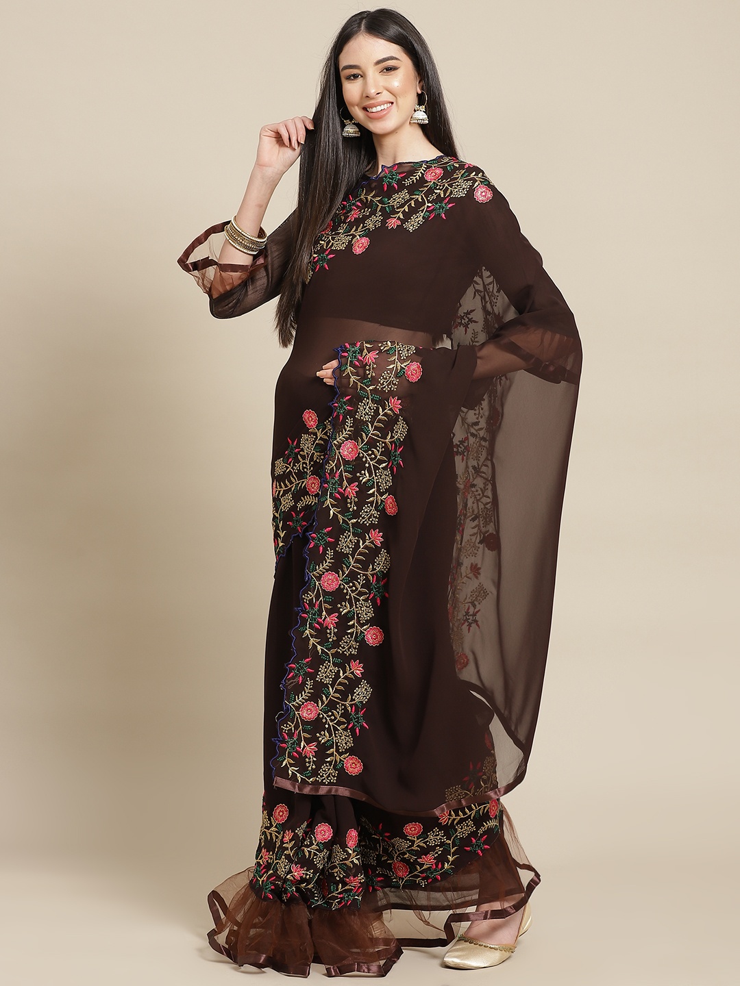 

SERONA FABRICS Coffee Brown & Pink Embroidered Border Saree