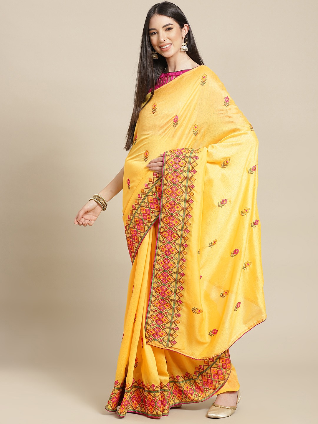 

SERONA FABRICS Yellow & Pink Ethnic Motifs Pure Georgette Saree