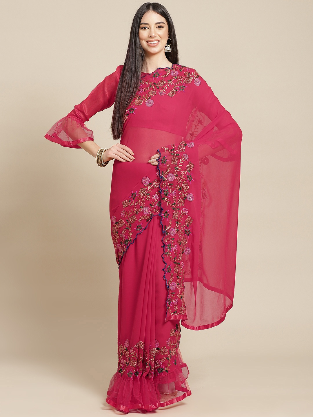 SERONA FABRICS Coral Red & Gold-Toned Embroidered Border Saree