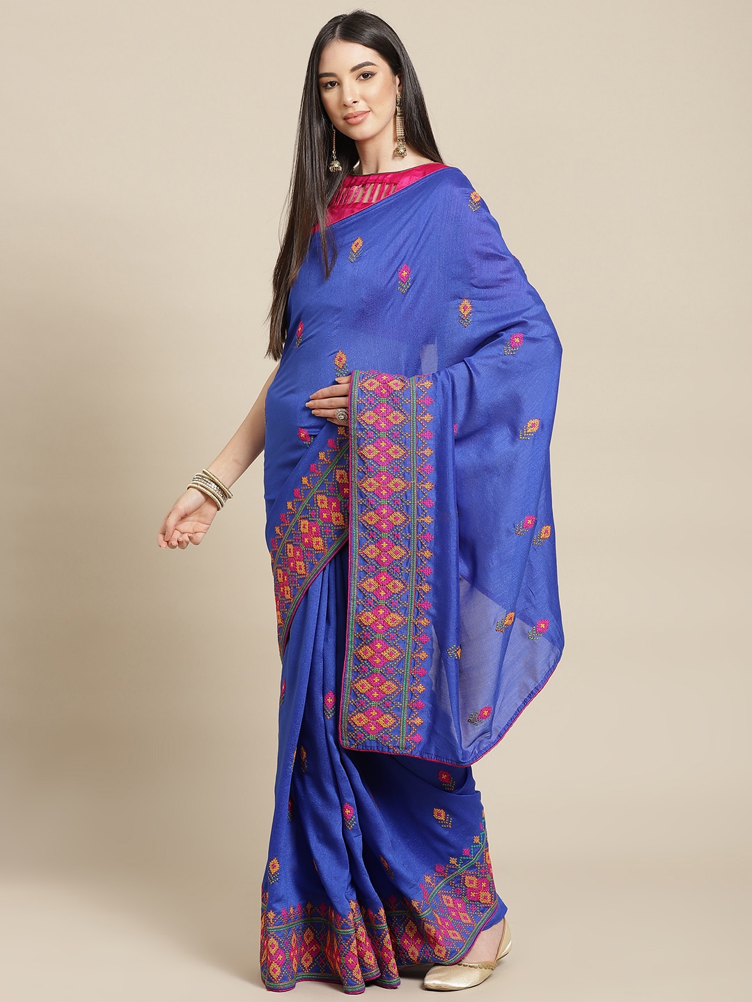 

SERONA FABRICS Blue & Pink Ethnic Motifs Pure Georgette Saree