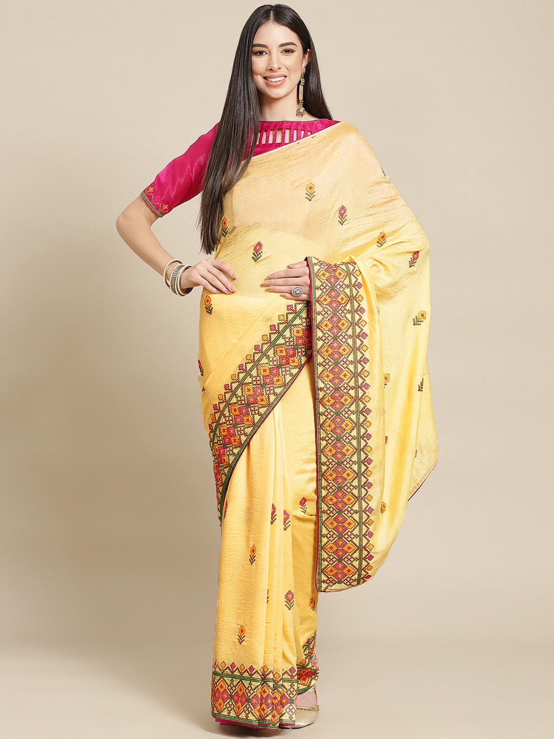 

SERONA FABRICS Cream-Coloured & Pink Ethnic Motifs Pure Georgette Saree