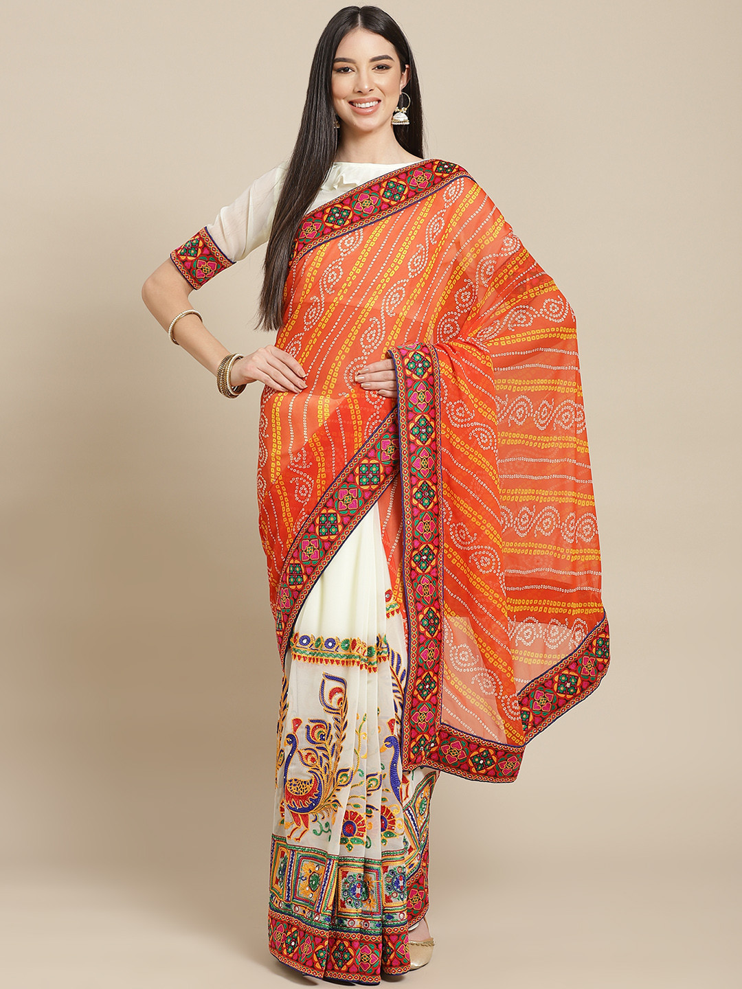 

SERONA FABRICS White & Orange Bandhani Kutchi Embroidery Pure Georgette Bandhani Saree