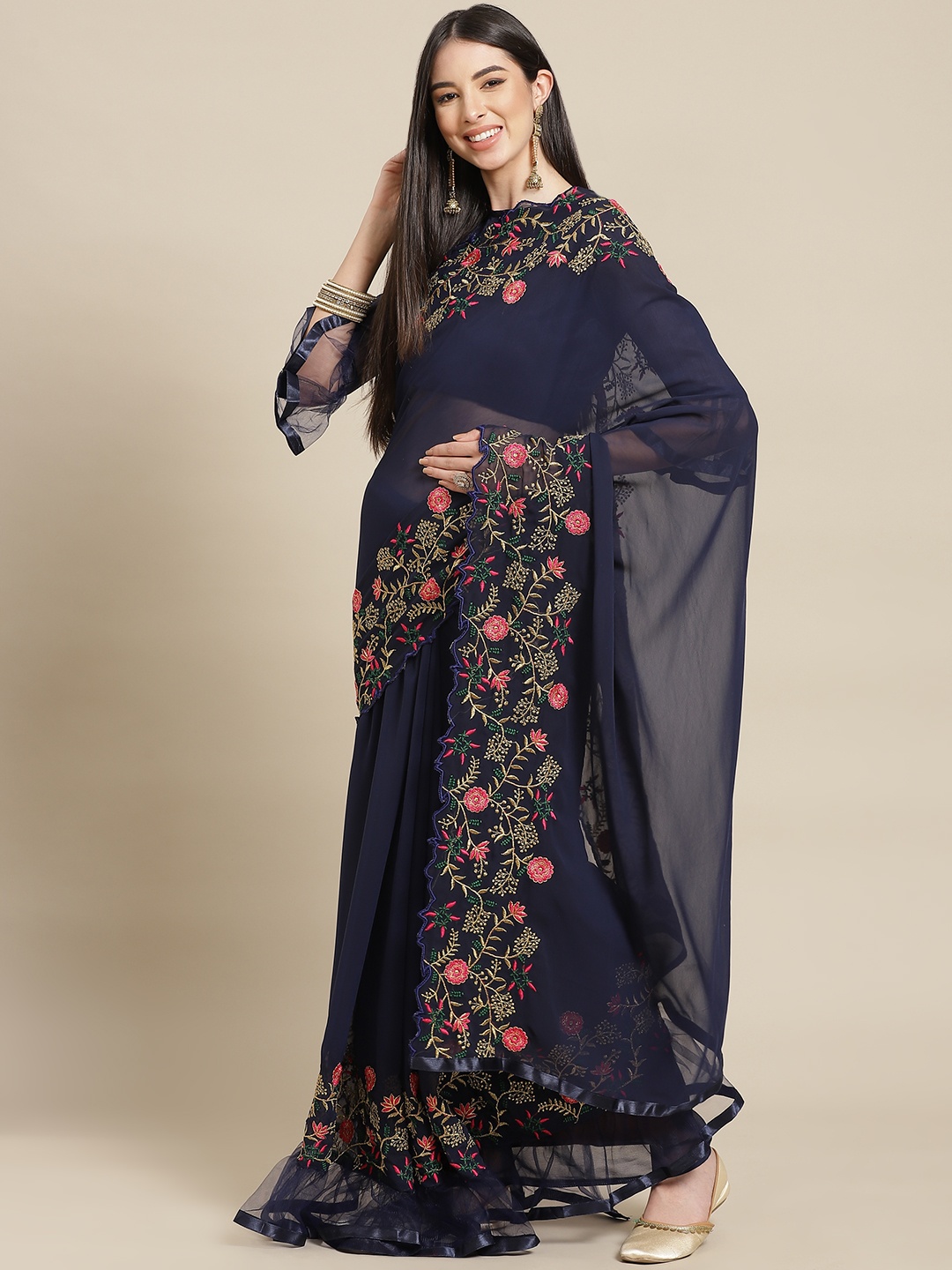 

SERONA FABRICS Navy Blue & Pink Embroidered Border Saree