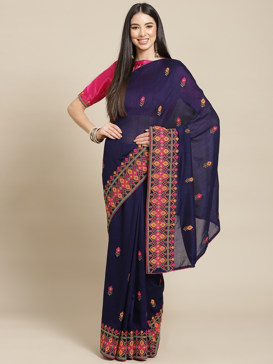 

SERONA FABRICS Navy Blue & Pink Ethnic Motifs Pure Georgette Saree