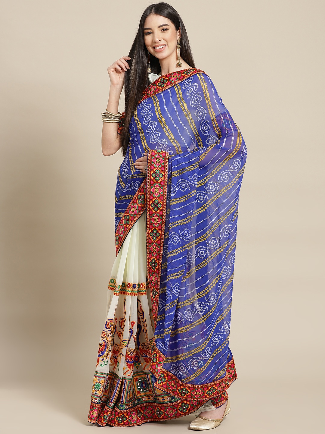 

SERONA FABRICS Blue & White Bandhani Kutchi Embroidery Pure Georgette Half and Half Bandhani Saree