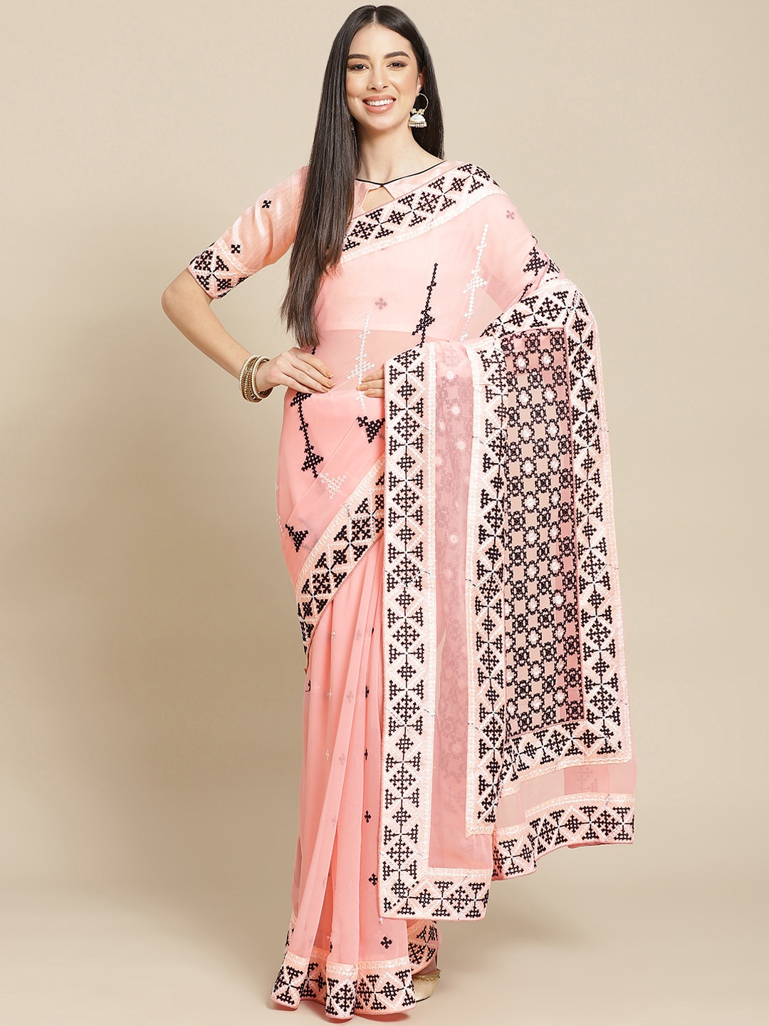 

SERONA FABRICS Peach-Coloured & Black Ethnic Motifs Kutchi Embroidery Pure Georgette Saree