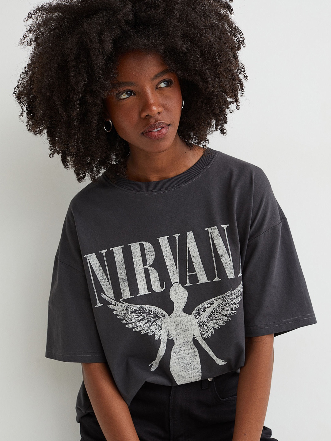

H&M Women Grey Oversized Motif-Detail T-shirt