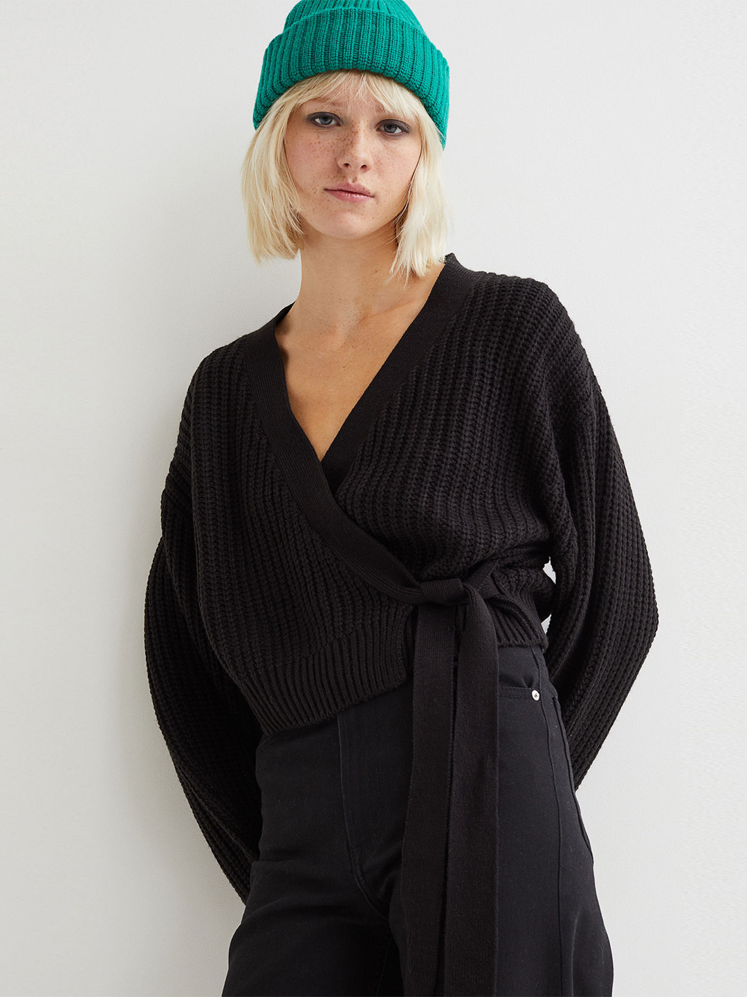 

H&M Women Black Solid Acrylic Knitted Wrapover Cardigan