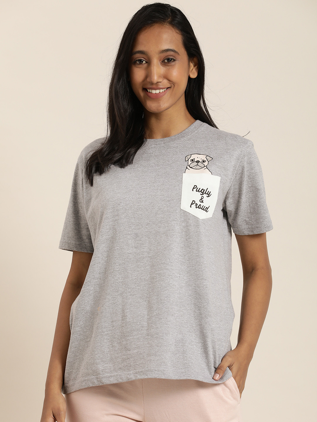 

QUARANTINE Women Grey Melange Printed Boxy T-shirt