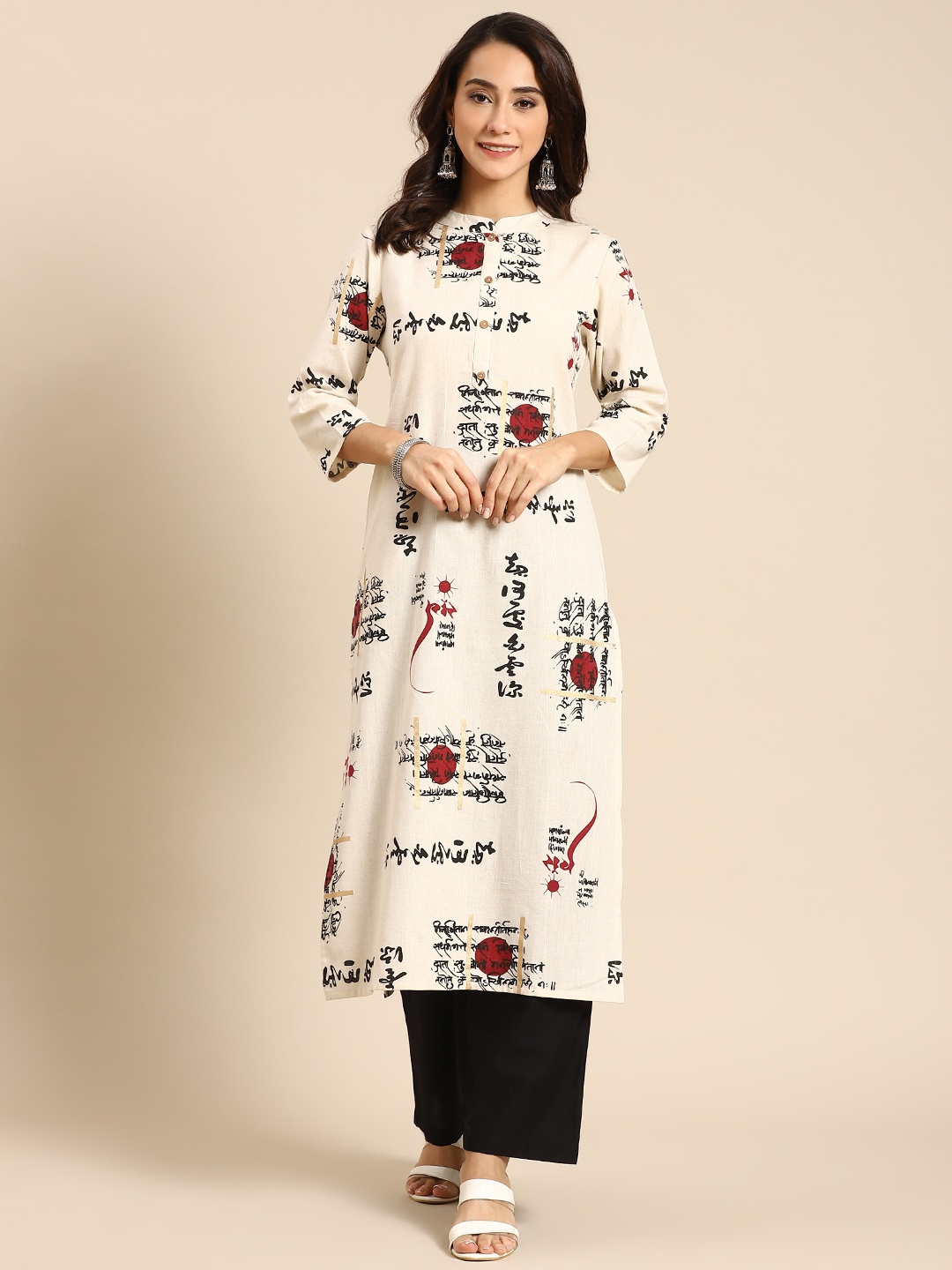 

Prakrti Women Off-White & Black Printed Cotton Straight Kurta