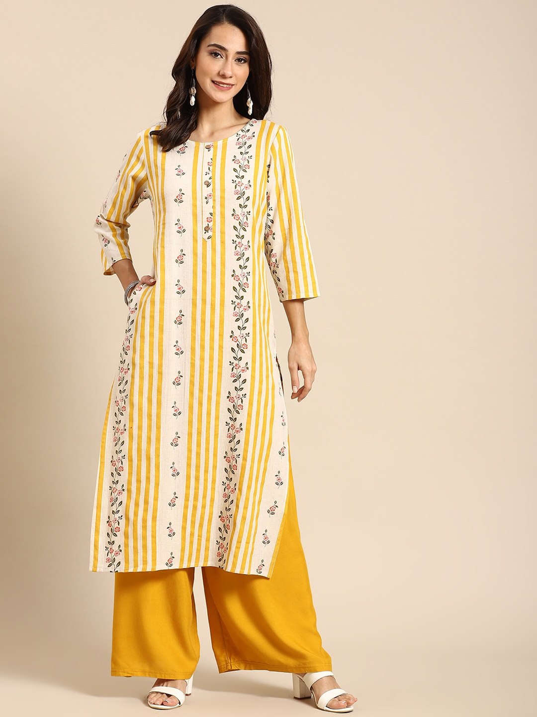 

Prakrti Women Off White & Mustard Yellow Striped & Floral Print Straight Cotton Kurta
