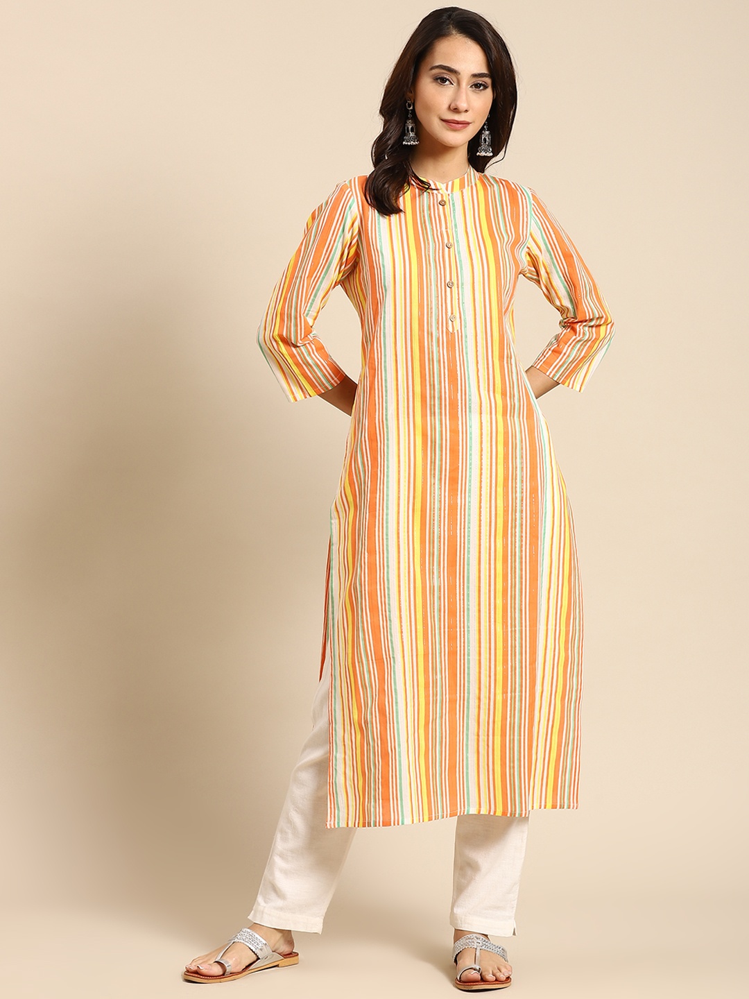 

Prakrti Women Orange Candy stripe lurex cotton kurta