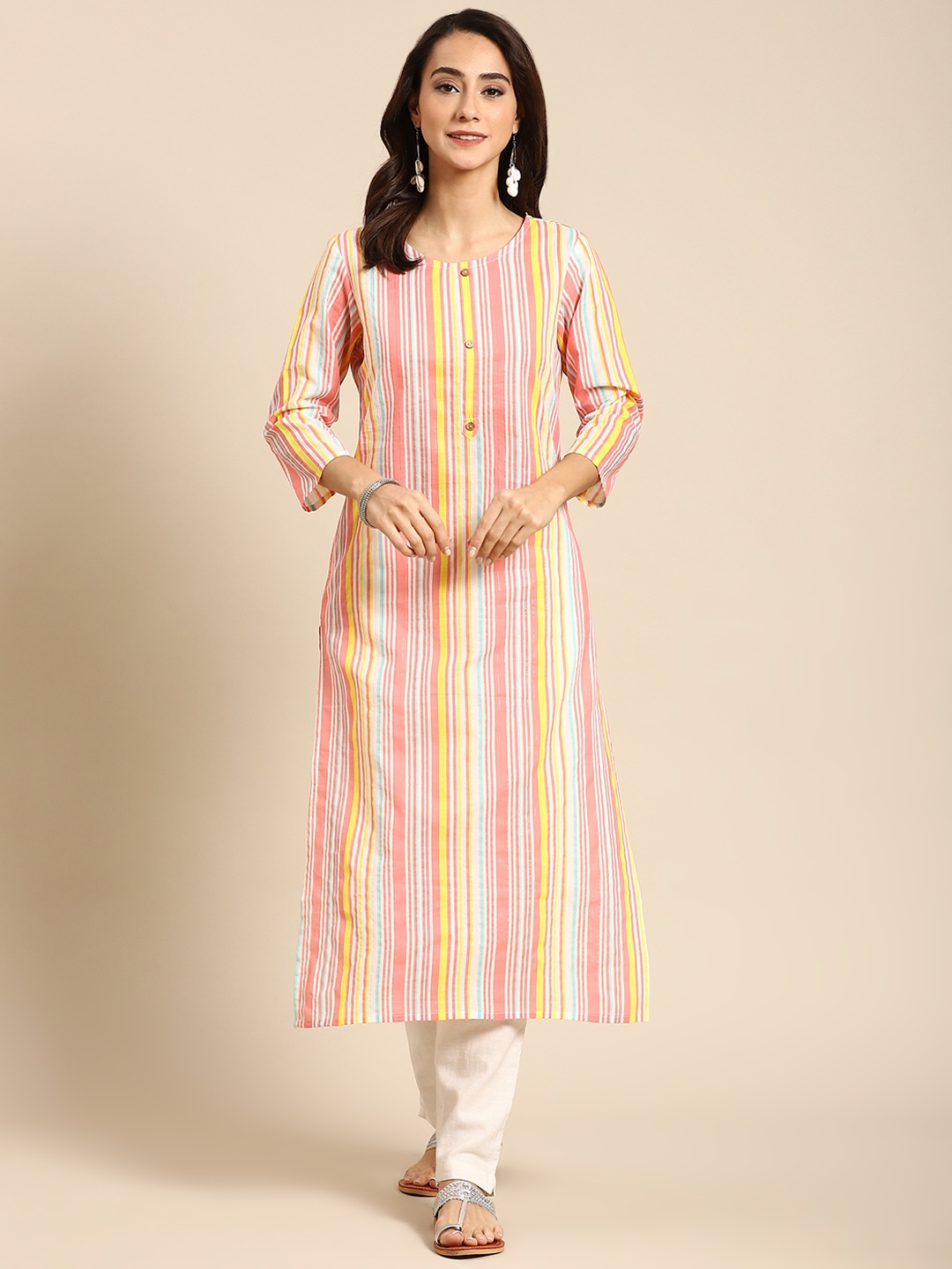 

Prakrti Women Peach-Coloured Candy stripe lurex cotton kurta