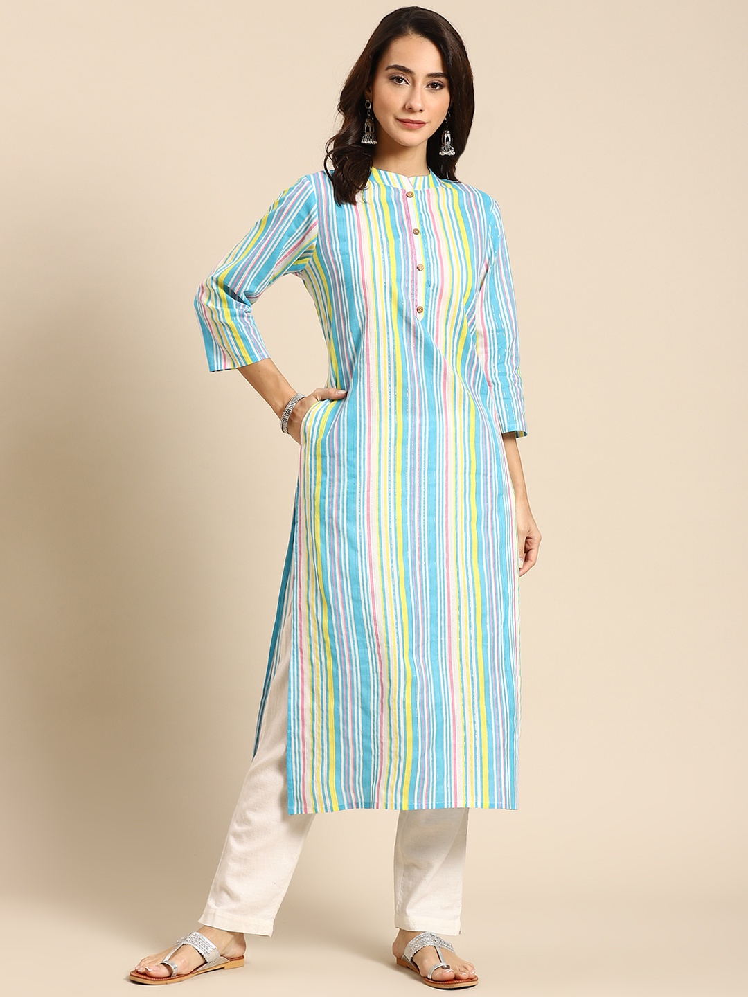 

Prakrti Women Blue Candy stripe lurex cotton kurta