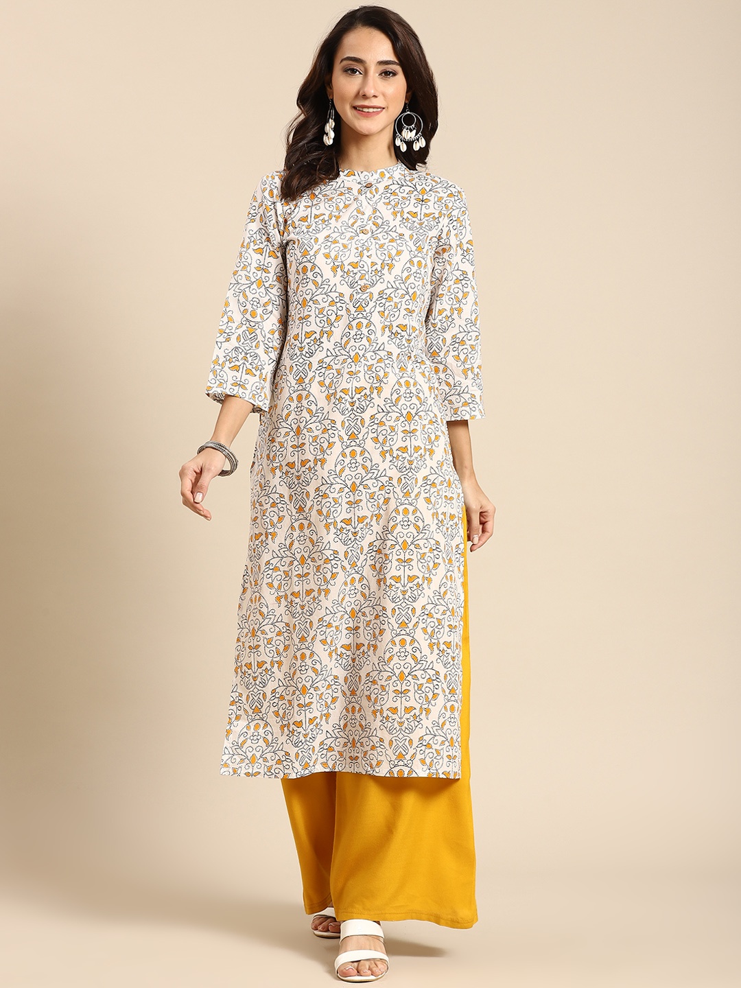 

Prakrti Women White Traditional kantha print cotton kurta