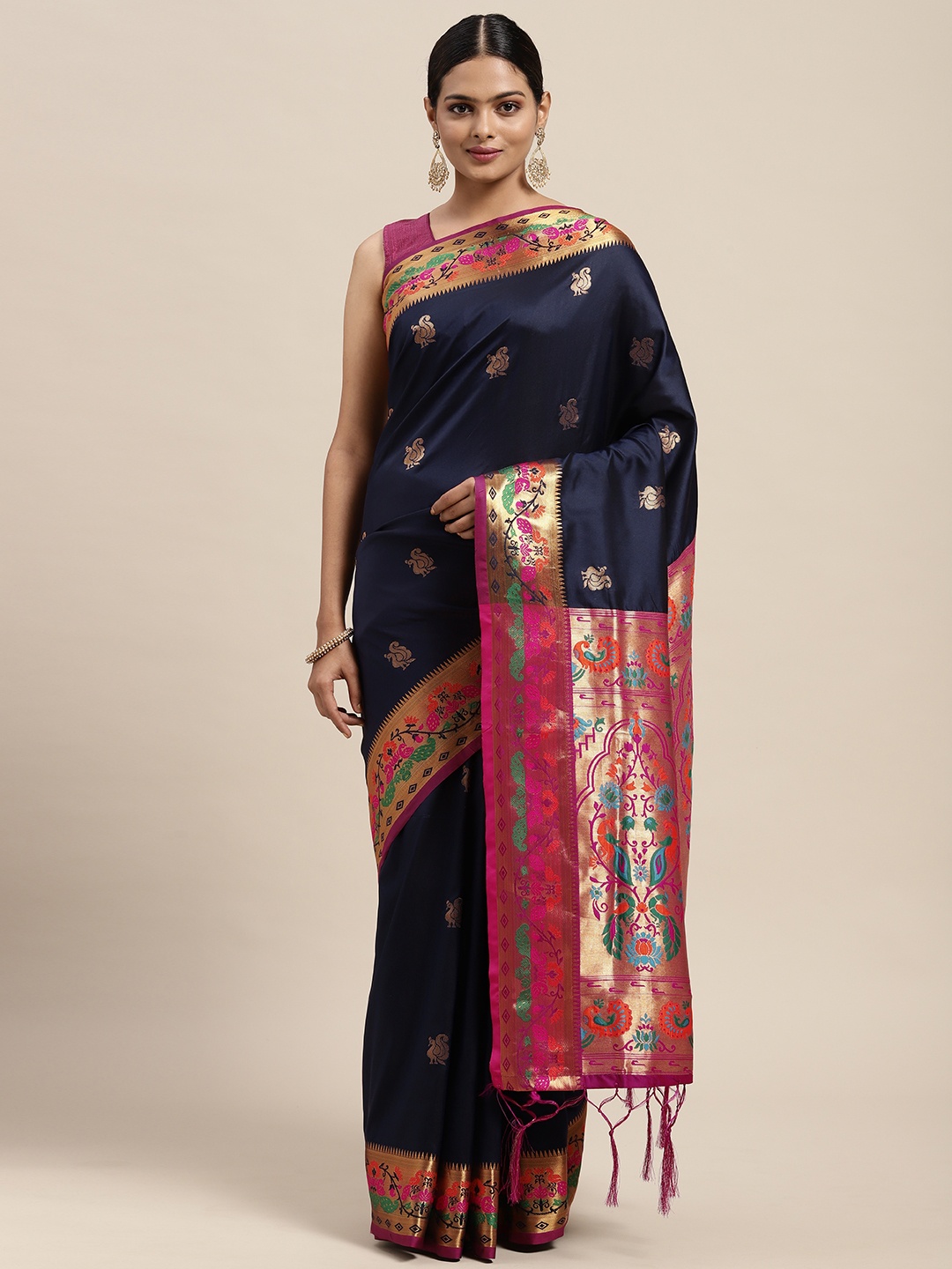 

Mitera Navy Blue Paithani Woven Design Saree