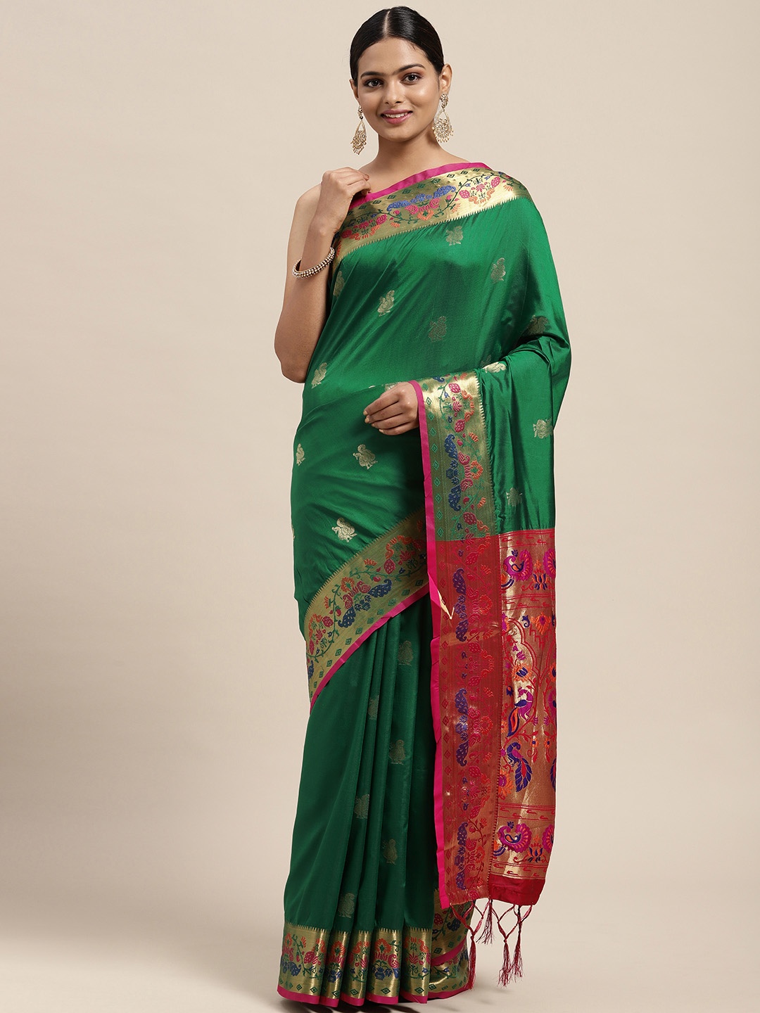 

Mitera Green Ethnic Motifs Zari Silk Blend Paithani Saree