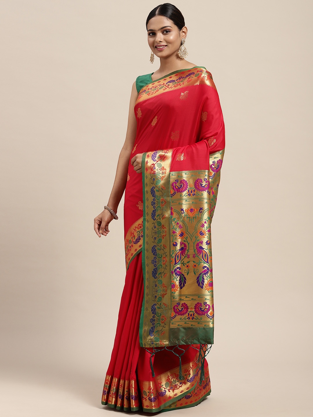 

Mitera Red Ethnic Motifs Zari Silk Blend Paithani Saree