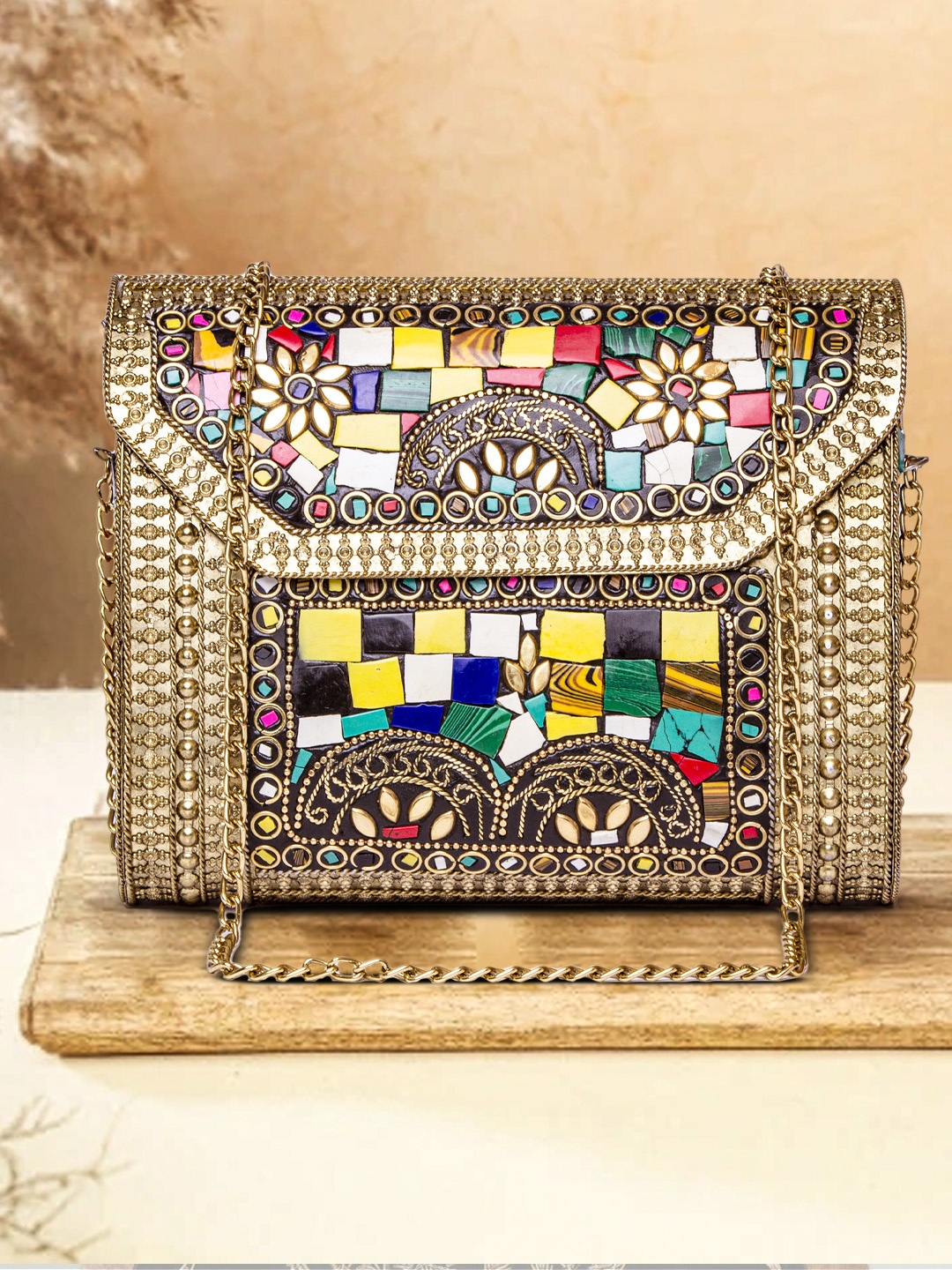 

ARTFLYCK Gold-Toned & Yellow Embellished Box Clutch