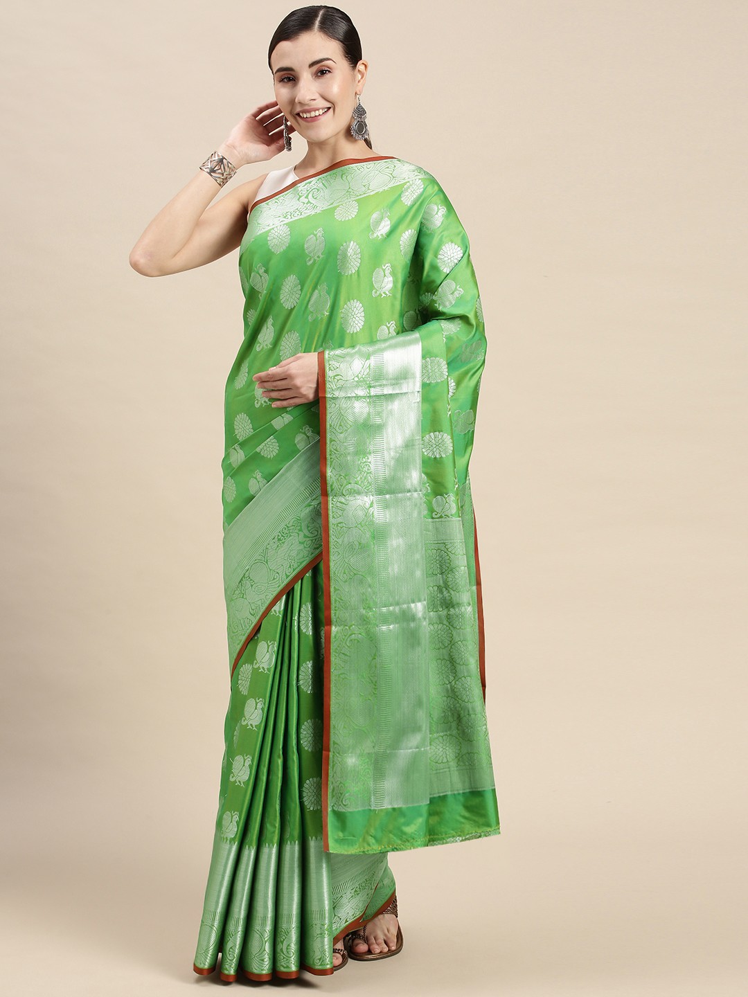 

Mitera Green & Silver-Toned Woven Design Banarasi Saree