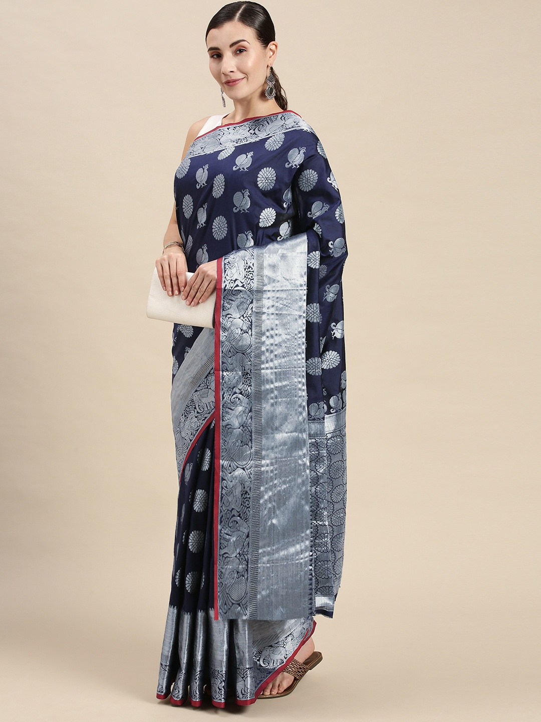 

Mitera Navy Blue & Silver-Toned Woven Design Banarasi Saree