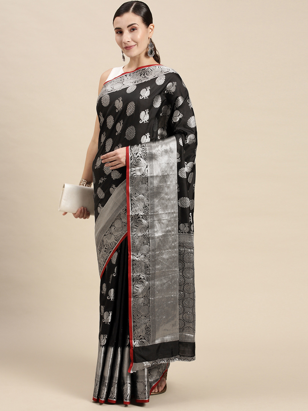 

Mitera Black & Silver-Toned Woven Design Banarasi Saree