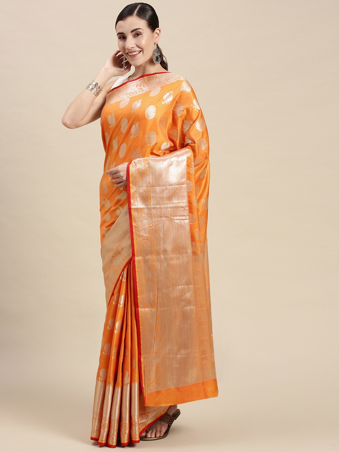 

Mitera Orange & Gold-Toned Woven Design Banarasi Saree
