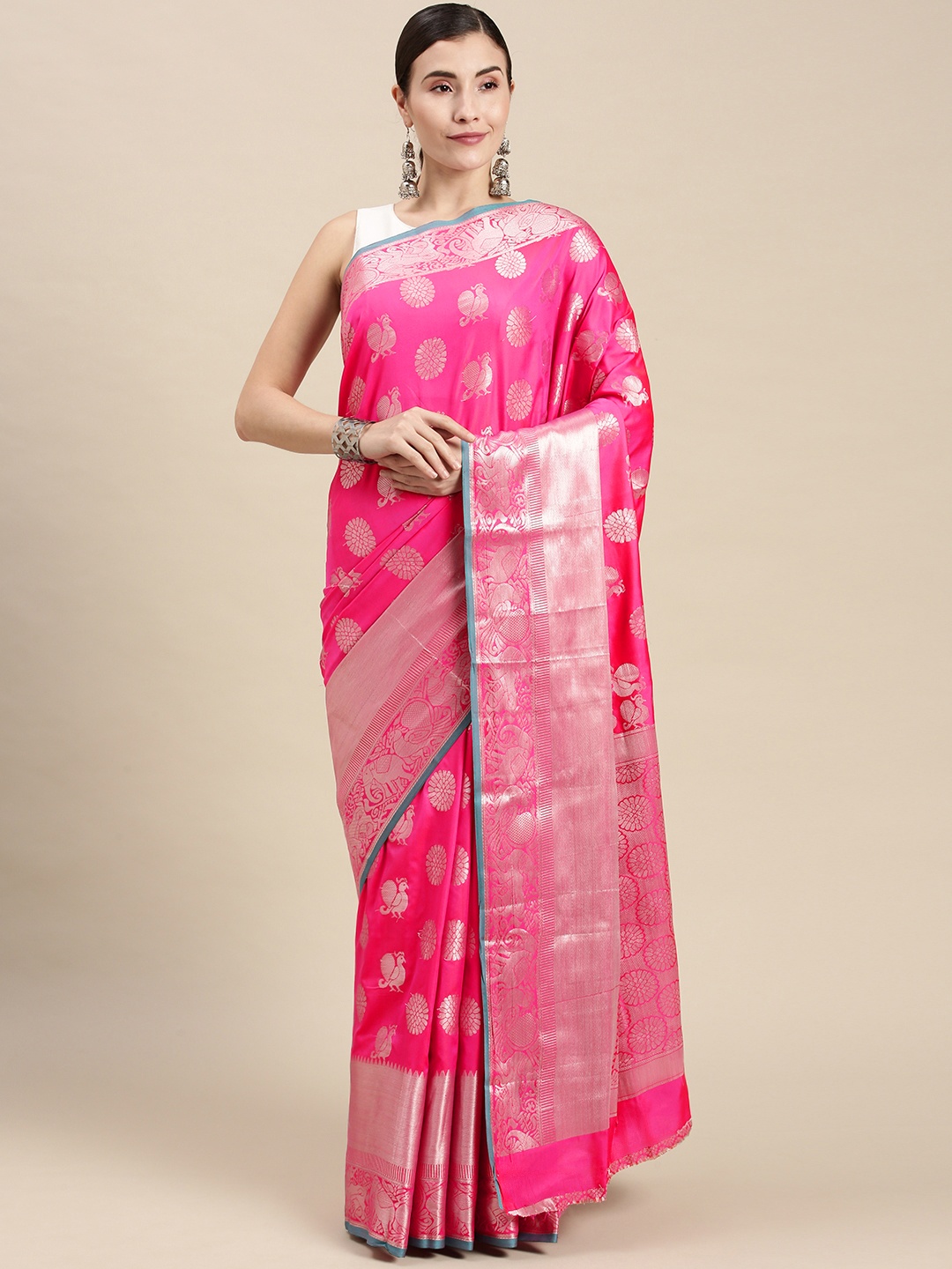 

Mitera Pink & Silver-Toned Woven Design Banarasi Saree