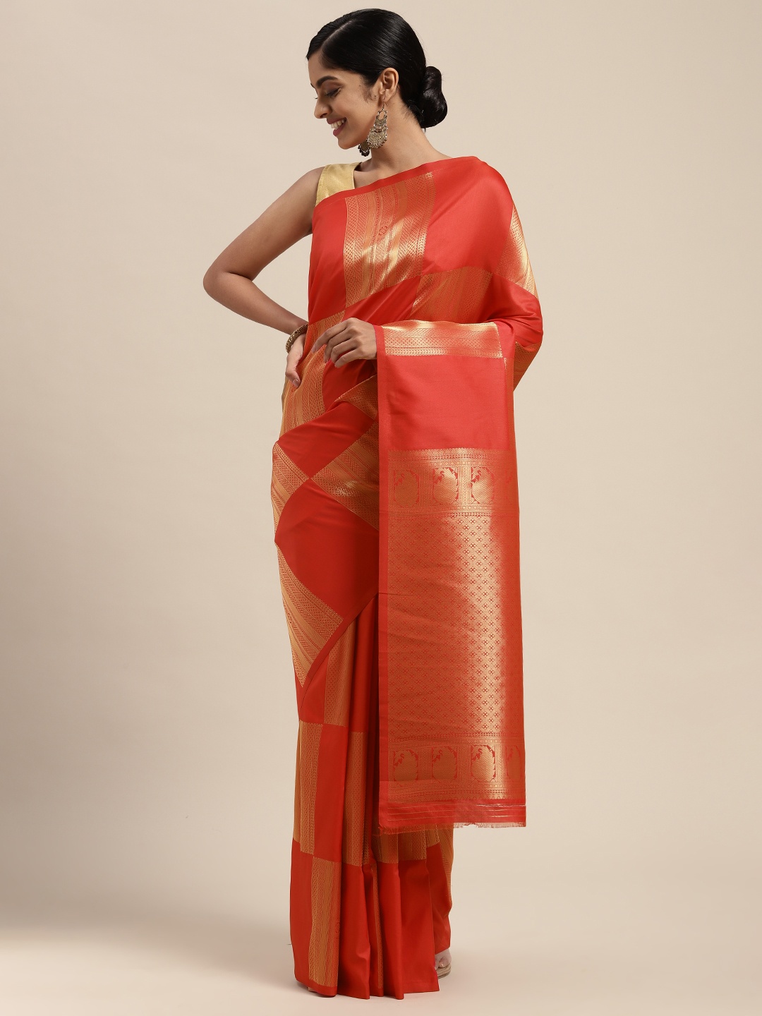 

Mitera Red Colourblocked Zari Silk Blend Banarasi Saree