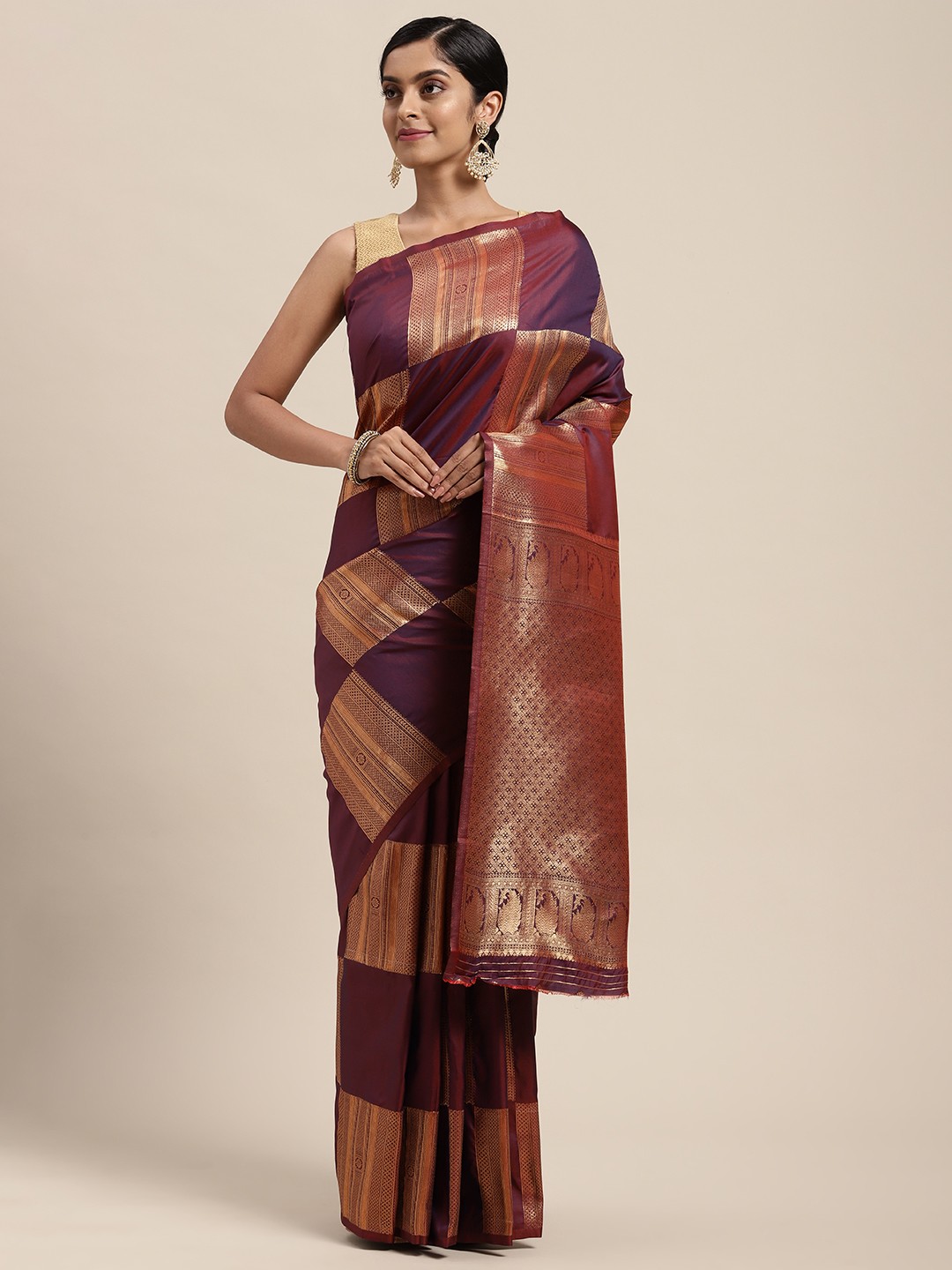 

Mitera Purple & Gold-Toned Woven Design Zari Silk Blend Handloom Banarasi Saree