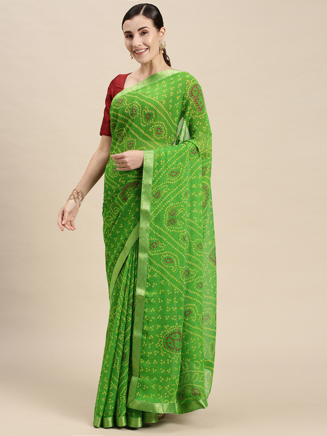 

Mitera Green & Yellow Pure Georgette Bandhani Saree