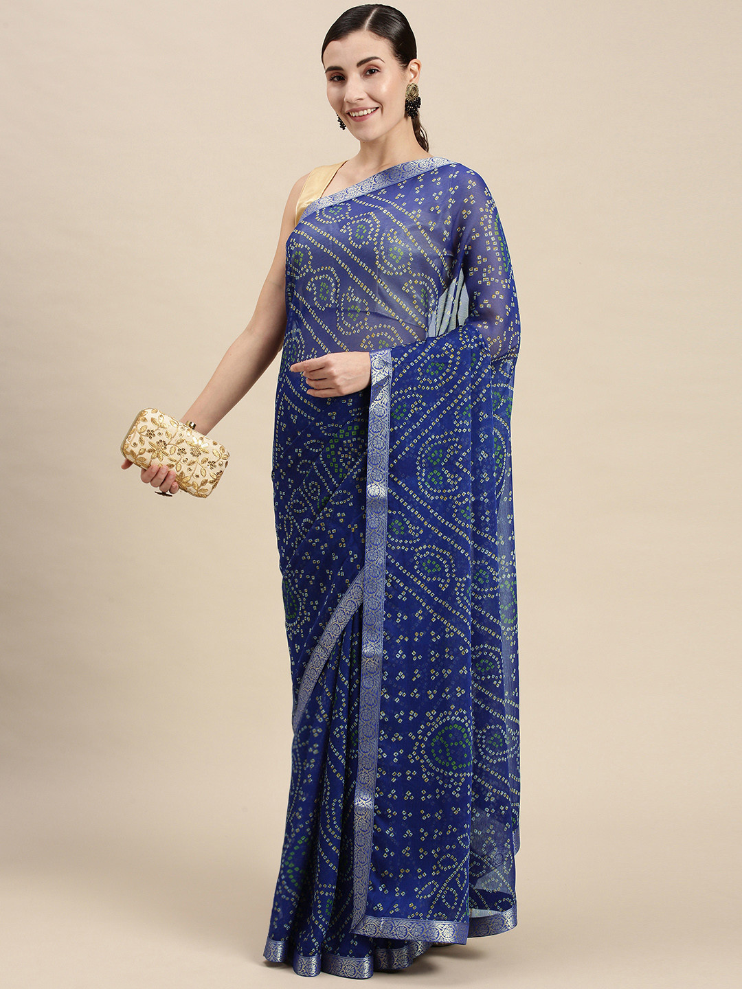 

Mitera Blue & Yellow Pure Georgette Bandhani Saree