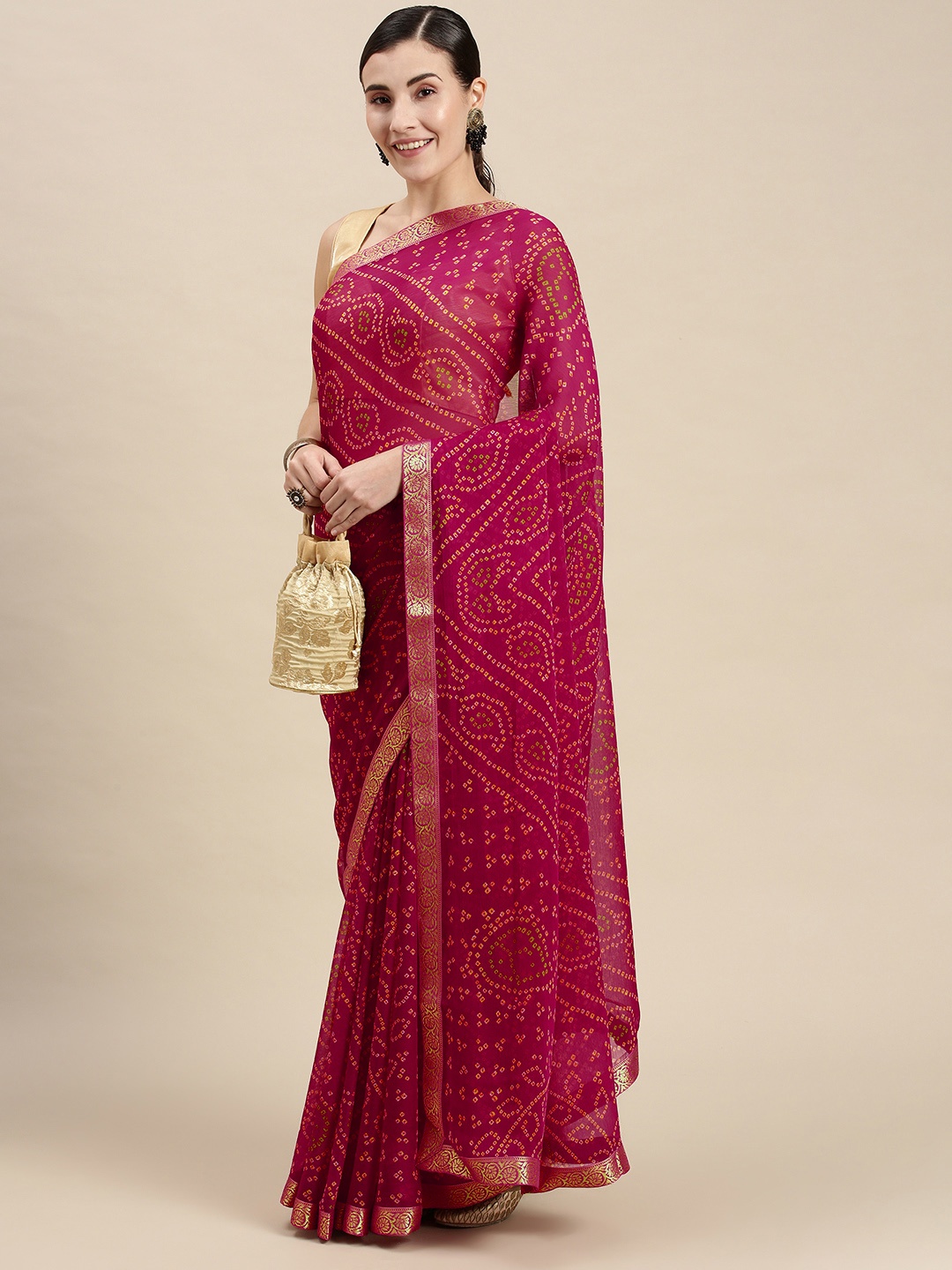 

Mitera Pink & Orange Ethnic Motifs Pure Georgette Bandhani Saree