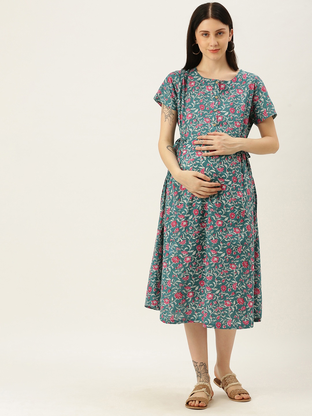 

Nejo Teal Green Floral Print Maternity Cotton A-Line Midi Dress
