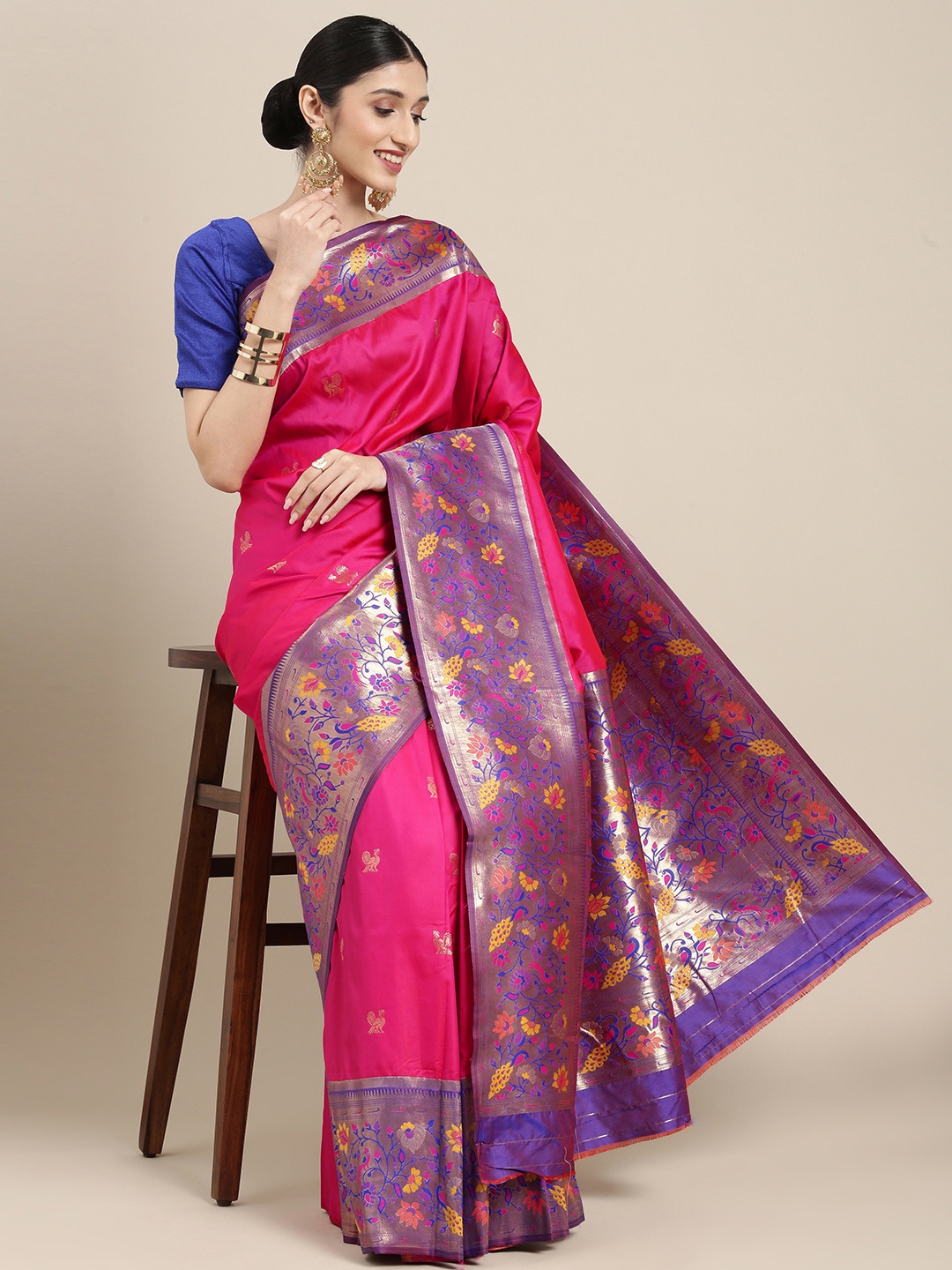 

Mitera Pink & Blue Ethnic Motifs Woven Zari Silk Blend Banarasi Saree