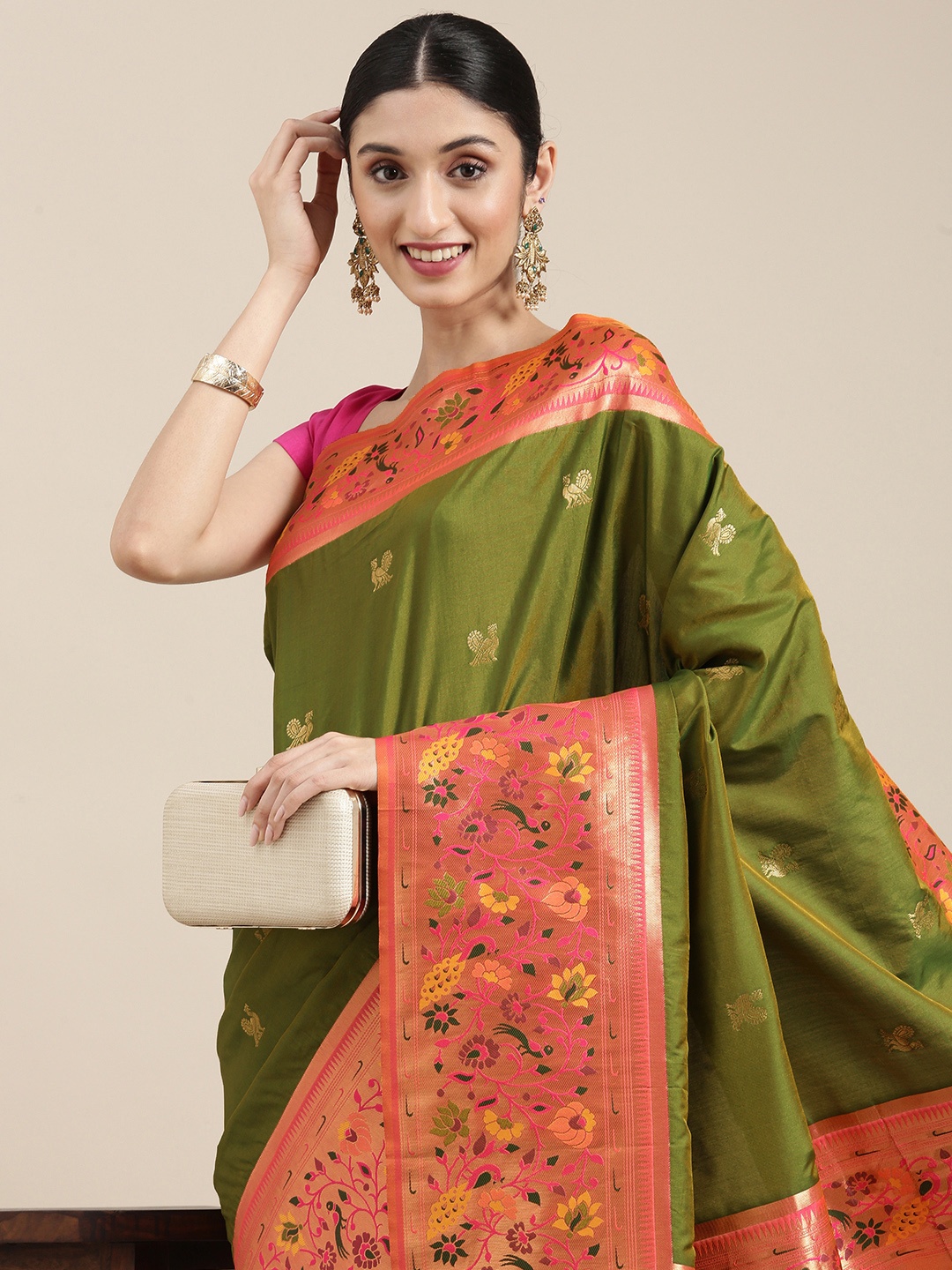 

Mitera Green & Peach-Coloured Ethnic Motifs Woven Zari Silk Blend Banarasi Saree