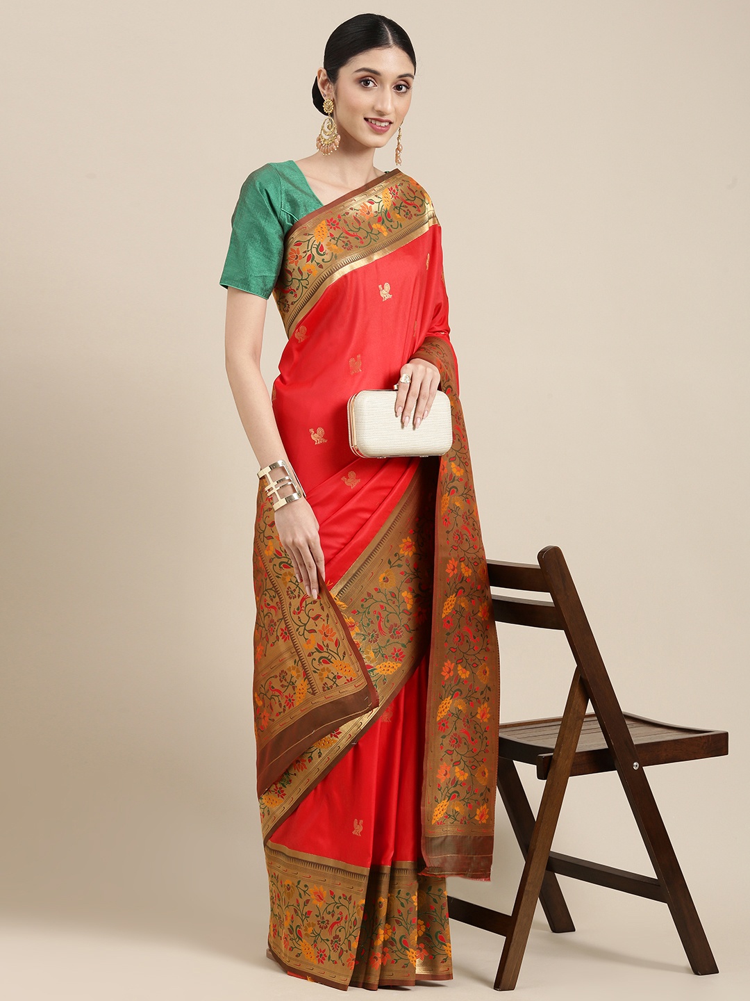 

Mitera Peach-Coloured & Gold-Toned Ethnic Motifs Woven Zari Silk Blend Banarasi Saree