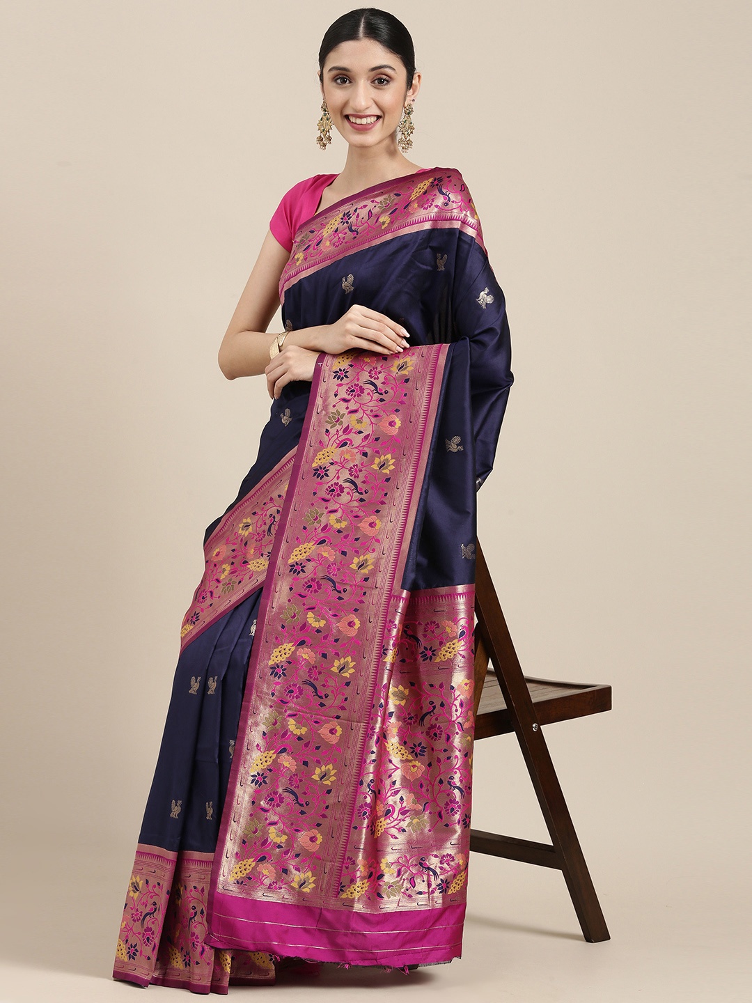 

Mitera Navy Blue & Pink Floral Woven Design Zari Silk Blend Banarasi Saree