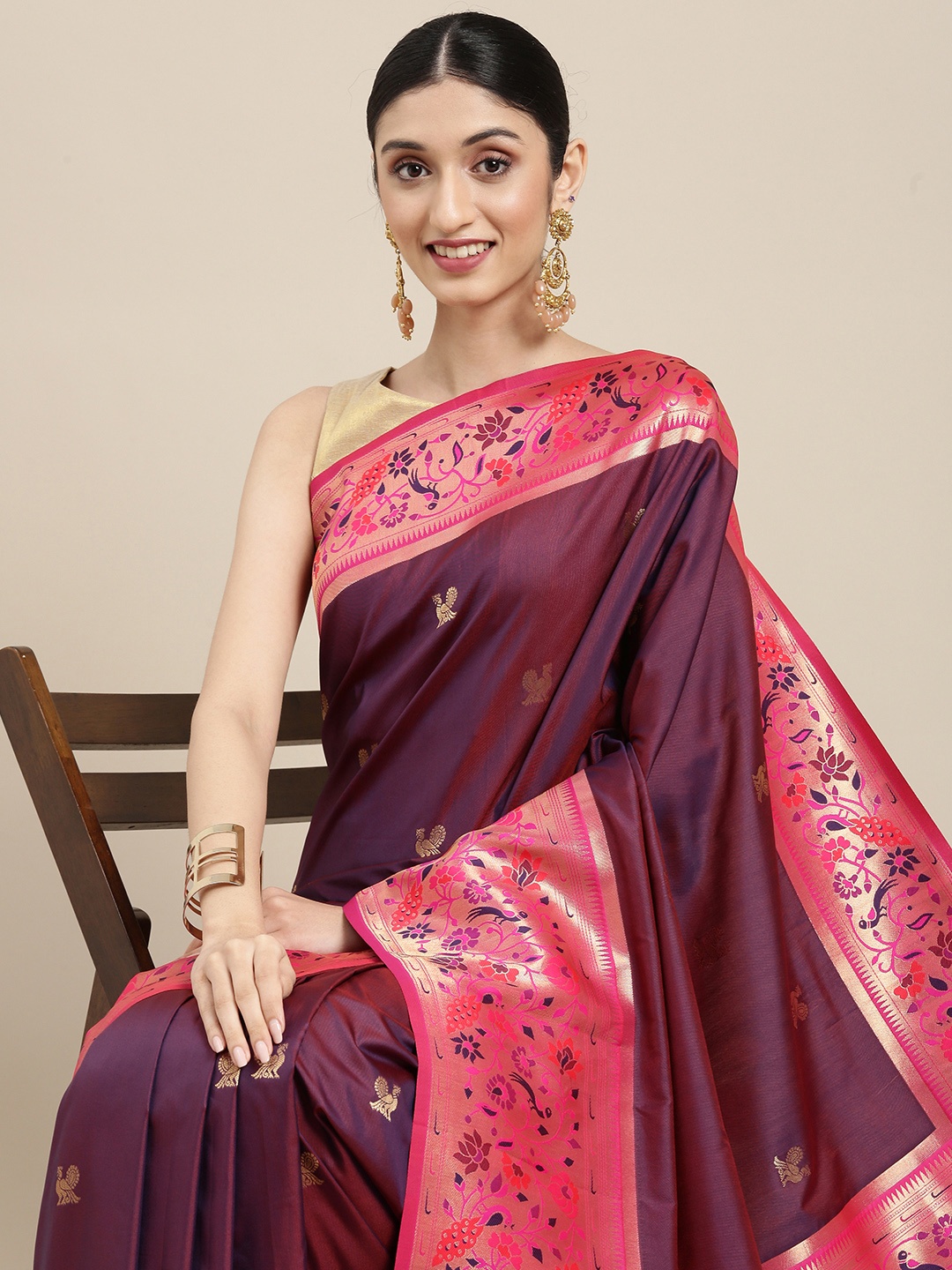 

Mitera Magenta Ethnic Motifs Woven Zari Silk Blend Banarasi Saree
