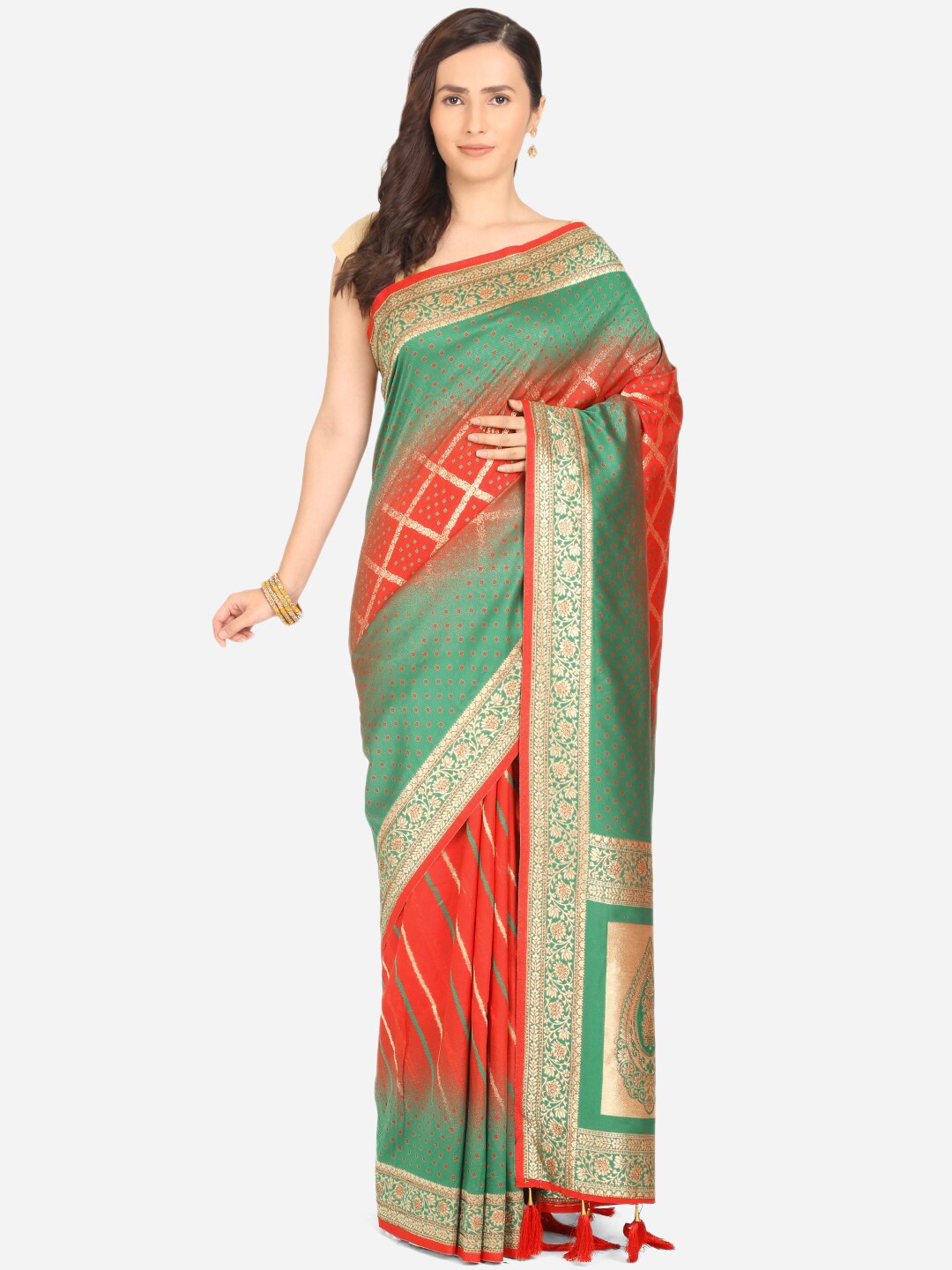 

BOMBAY SELECTIONS Green & Red Ethnic Motifs Zari Art Silk Banarasi Saree