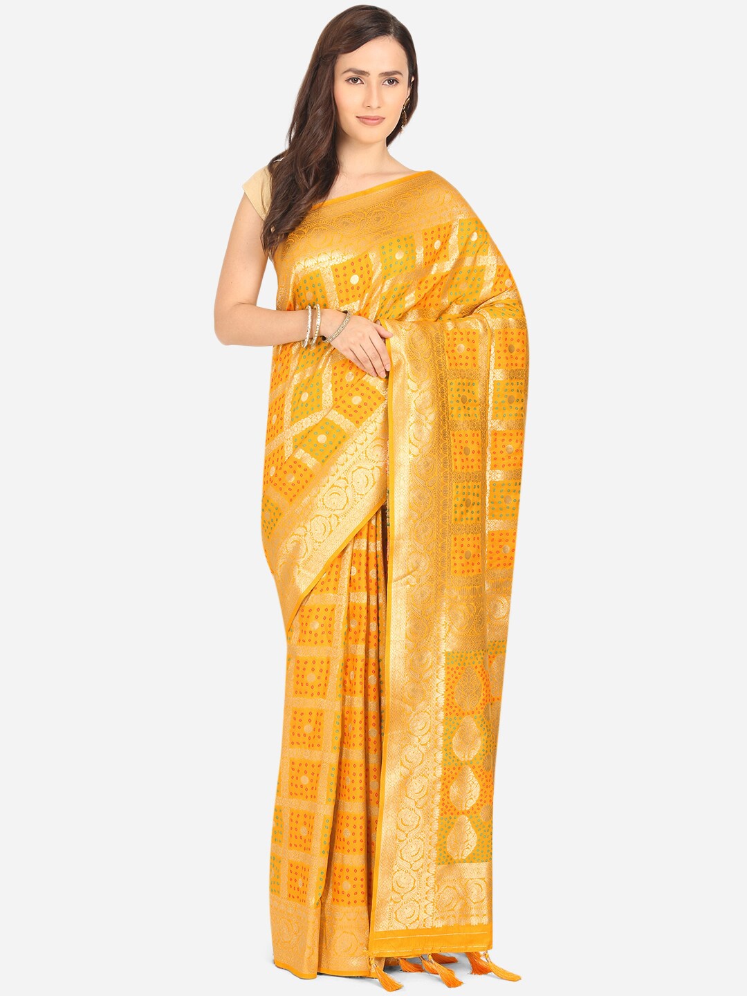 

BOMBAY SELECTIONS Mustard & Gold-Toned Ethnic Motifs Zari Art Silk Banarasi Saree